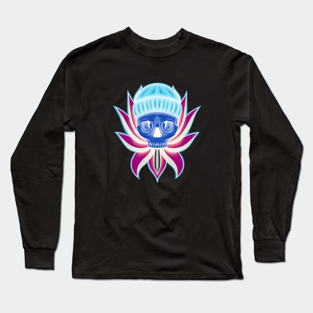 Blue and Pink Neon Skull with Hat in Lotus flower T-Shirt Long Sleeve T-Shirt by Print Art Station